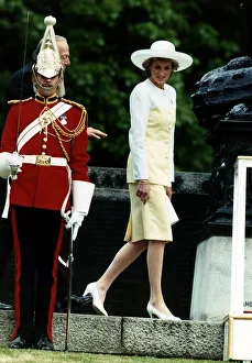 Diana, Princess of Wales, walking past a guardsman as she attends the Old Comrades Parade