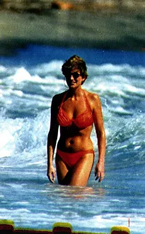 West Indies Prints: Diana, Princess of Wales in the water at Indian Castle Beach during her Nevis