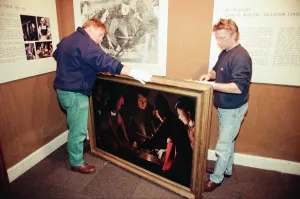 The Dice Players, is moved from its home in Preston Hall Museum in readiness for its trip