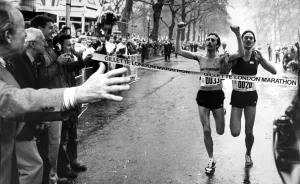 Athletes Prints: DICK BEARDSLEY AND INGE SIMONSEN CROSS THE LINE TOGETHER TO WIN THE LONDON MARATHON