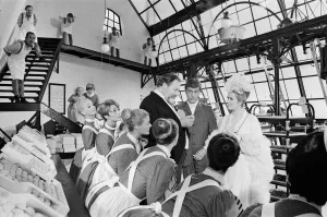 Dick Van Dyke (centre) and James Robertson Justice (left) and Sally Ann Howes (right