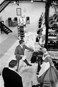 Dick Van Dyke and Sally Ann Howes (behind)) filming a scene for Chitty Chitty Bang Bang