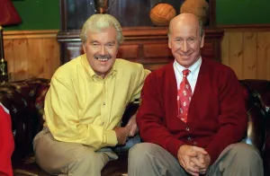 01427 Prints: DICKIE DAVIES AND JACK CHARLTON AT SKY SPORTS GOLD TV STUDIO 31st October 1995
