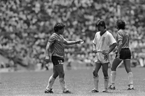 Diego Maradona (left) seen with Steve Hodge during the England v Argentina Hand of God
