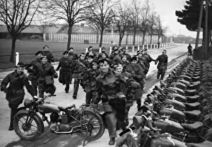Motorbikes Prints: Dispatch riders of the East Riding Yeomanry make a dash for their vehicles when the alarm