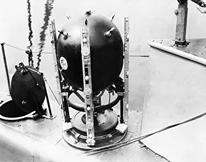 German Navy Prints: A mine displayed on the deck of UC-5 a German Type UC I minelayer submarine of