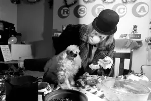 Dogs Christmas Party. Hobo plays host to the doggy guests enjoying a menu of