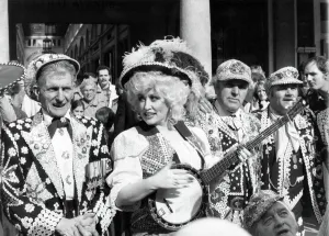 Dolly Parton seen here at Covent Garden to perform with Pearly Kings and Queens