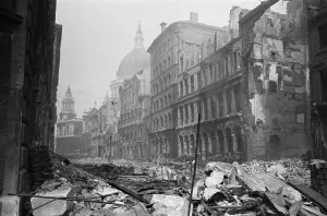 The dome of St Pauls Cathedral looms over the devastated remains of Cannon Street