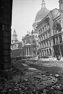 The dome of St Pauls Cathedral looms over the devastated remains of Cannon Street