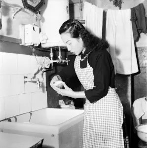 Chores Prints: Domestic Scenes A woman peeling potatoes in her kitchen sink, getting dinner ready