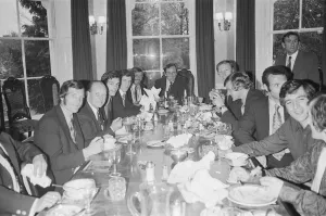 Dinner Table Prints: Don Revie heads the table as the Leeds United team have a celebratorial meal at their