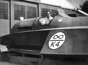 Donald Campbell Water and land speed Record sitting in the cockpit of the BLUE BIRD BOAT