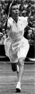 00200 Prints: Doris Hart Wimledon Tennis Champion 8th July 1951 in action at the All England Club