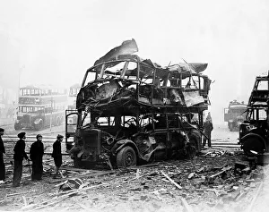 Double decker bus caught in the blast from a bomb during an air raid on Sheffield