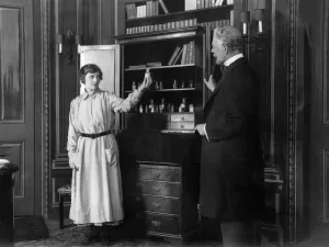 A dramatic scene from the stage play The Case of Lady Camber at the Savoy Theatre