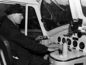 00375 Prints: Driver Les Jorda, of Derby, in the driving cab of the first of the most powerful main