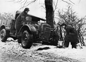Accidents Prints: Drivers of an ATS vehicle check for damage after a collision in snowy conditions in