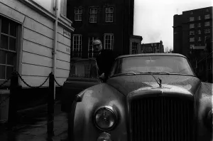 Duke of Bedford April 1963 getting into his Bentley after lunch with Lord Montagu