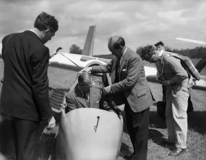The Duke of Edinburgh at Nympsfield, headquarters of the Bristol Gliding Club