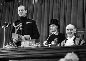 01035 Prints: The Duke of Edinburgh responding at the Freedom of Cardiff ceremony at the City Hall