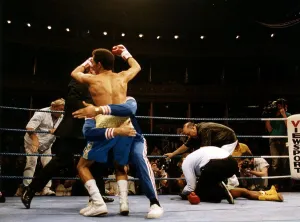 Duke McKenzie Boxer laying on ring floor after being knocked out by Rafael Del Valle