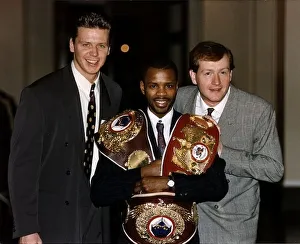 Sporting Record Prints: Duke McKenzie Boxing holding his WBO belts stands with Steve Backley Athletics Javelin