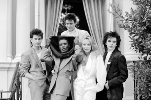 Duran Duran with Grace Jones and Tanya Roberts at a press call the day after the film