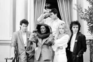 Duran Duran with Grace Jones and Tanya Roberts at a press call the day after the film