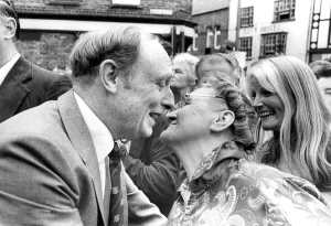 Political Icons Prints: Durham Miners Gala - Neil Kinnock is given a kiss from an admirer as he mingles with