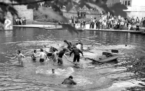 Durham Miners Gala - Revellers in the Wear at Durham after miners gala