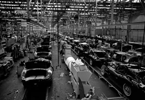 The E-type Jaguar car assembly line at the Browns Lane factory