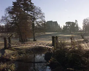 Core10 Prints: The early morning frost covers the bridge and grounds of Chateau Impney Hotel, Droitwich