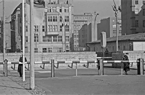Cold War Prints: East German border police at the East Berlin entrance to Checkpoint Charlie located