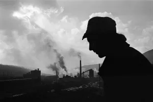 Silhouette Prints: Ebbw Vale, Wales. Welsh steelworker makes his way home from the British Steelworks of