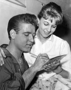 Eddie Cochran, Singer, signs autograph for fan Ann Berwick from Hay Mills, Birmingham
