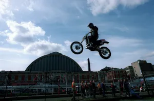 Stuntman Prints: Eddie Kidd Stuntman practices his motorcyling jump skills DBase