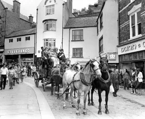 The Edinburgh to London coach making its way through Durham city centre
