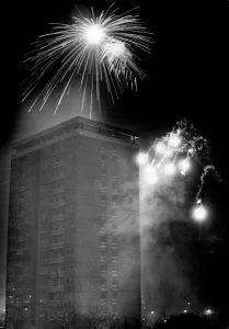 Bonfire Night Prints: Edinburgh Tower is framed by the spectacular firework given in Everton Park, Liverpool