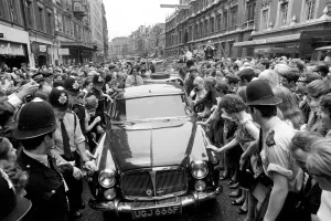 Edward Heath after his Victory: Edward Heath in his car as crowds mass round him in