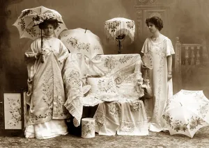 1909 Prints: Edwardian mannequins model hand painted silk gowns at the Daily Mirror Fair of Fashion
