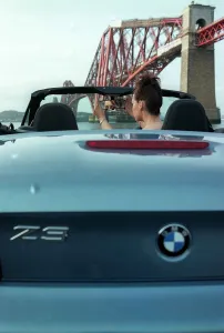 Convertible Prints: Eileen Catterson and BMW Z3 convertible car May 1998 at Forth Rail Bridge