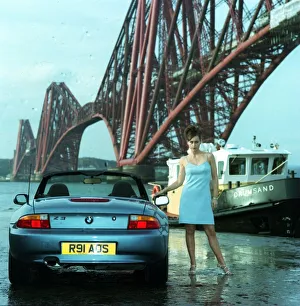 Cantilever Bridge Prints: Eileen Catterson with Z3 BMW convertible car May 1998 at Forth Rail bridge
