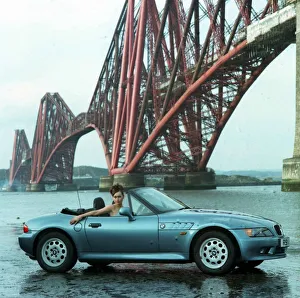 Convertible Prints: Eileen Catterson with Z3 BMW convertible car May 1998 at Forth Rail bridge