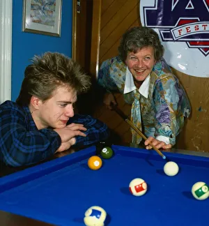 Eileen McCallum actress April 1987 playing snooker pool with her son