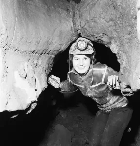 Eillen Davies seen here making her way thorough a series of caves under the Brecon