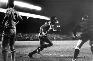 Newcastle Prints: Elation for Howard Gayle as he runs away after his debut goal for Newcastle. Circa 1982