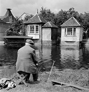 Hobbies Prints: An elderly fisherman on the banks of the river Lea at Ware in Hertfordshire circa 1963