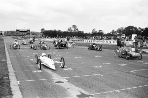 Electric Car Trials in England. The Lucas Electrathon race at Donington Park