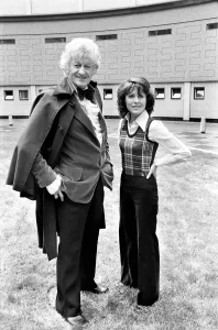 Man And Woman Prints: Elisabeth Sladen with Jon Pertwee standing in the courtyard of BBC Television Centre